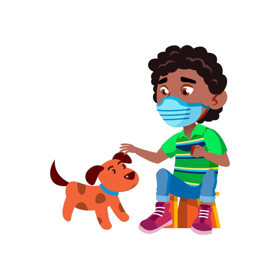 niño niño use máscara facial jugando con vector de perro