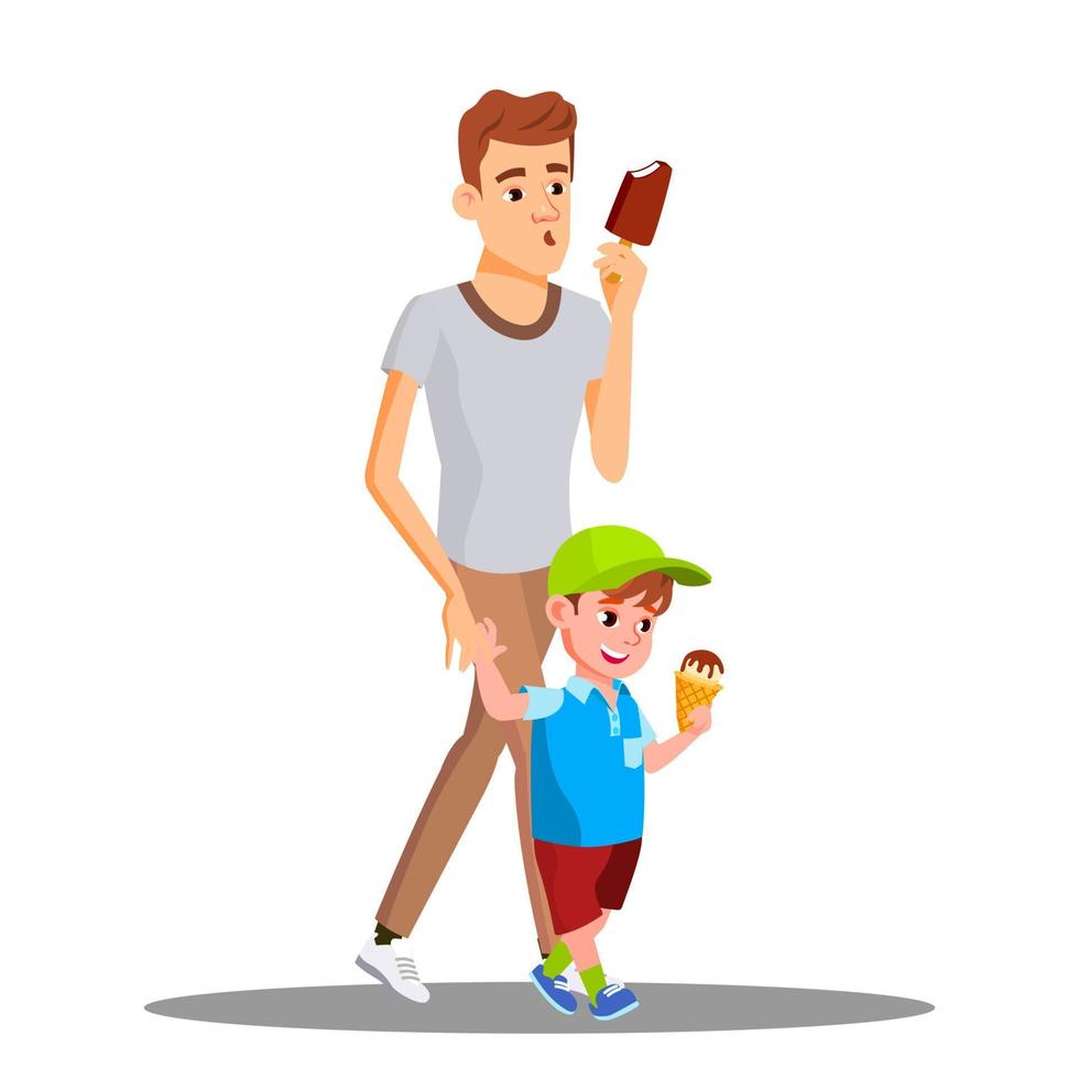 padre e hijo disfrutan comiendo vector de helado. ilustración aislada