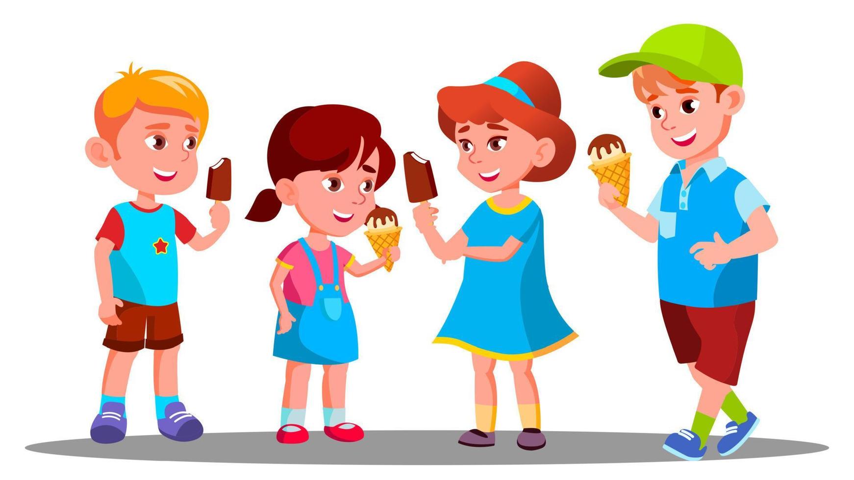 Group Of Boys And Girls Eating Ice Cream Vector. Sweet. Eating. Isolated Illustration vector