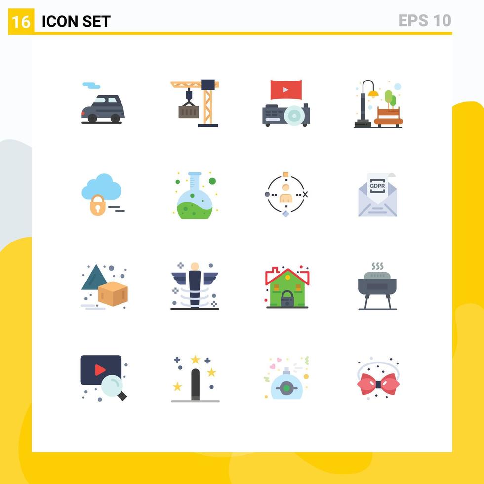Pictogram Set of 16 Simple Flat Colors of lock town cinema park moon Editable Pack of Creative Vector Design Elements