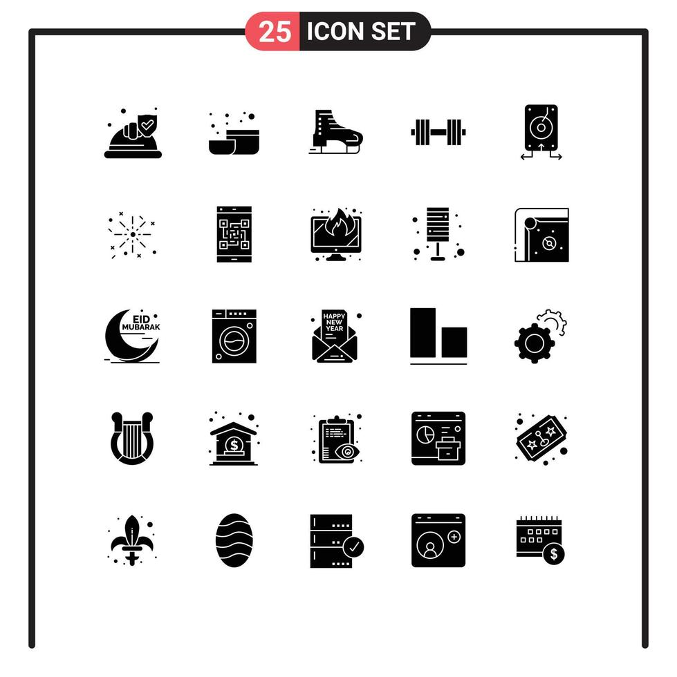 Pack of 25 creative Solid Glyphs of data weight arctic gym dumbbell Editable Vector Design Elements