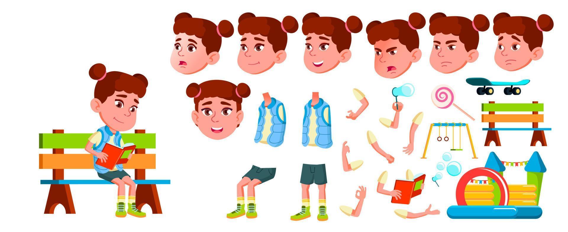 Girl Kindergarten Kid Vector. Animation Creation Set. Face Emotions, Gestures. Friendly Little Children. Cute, Comic. For Presentation, Print Invitation Design. Animated. Isolated Cartoon Illustration vector