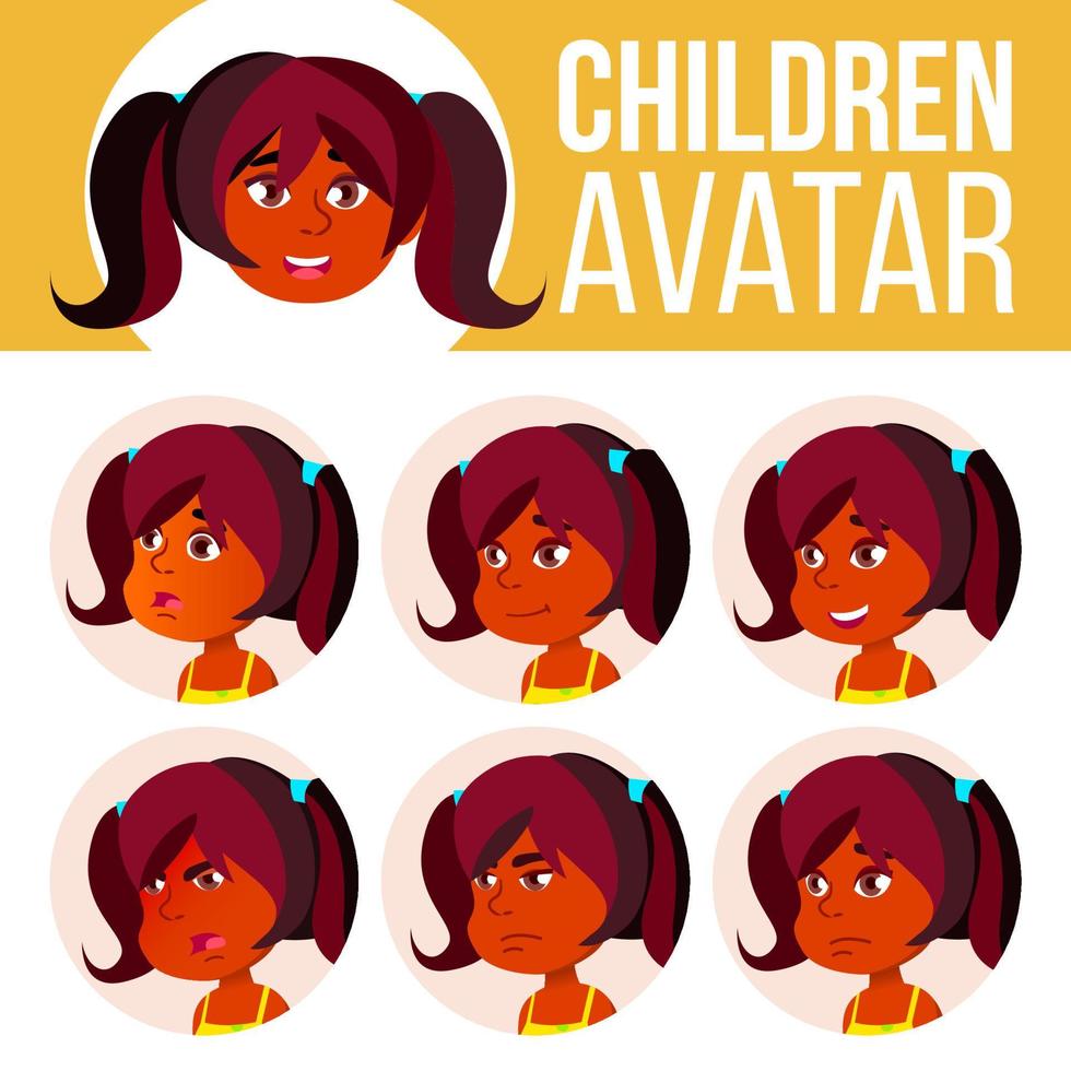Indian Girl Avatar Set Kid Vector. Kindergarten. Hindu Face Emotions. Cartoon, Comic, Flat. Happiness Enjoyment, Small. Leaflet, Booklet. Cartoon Head Illustration vector