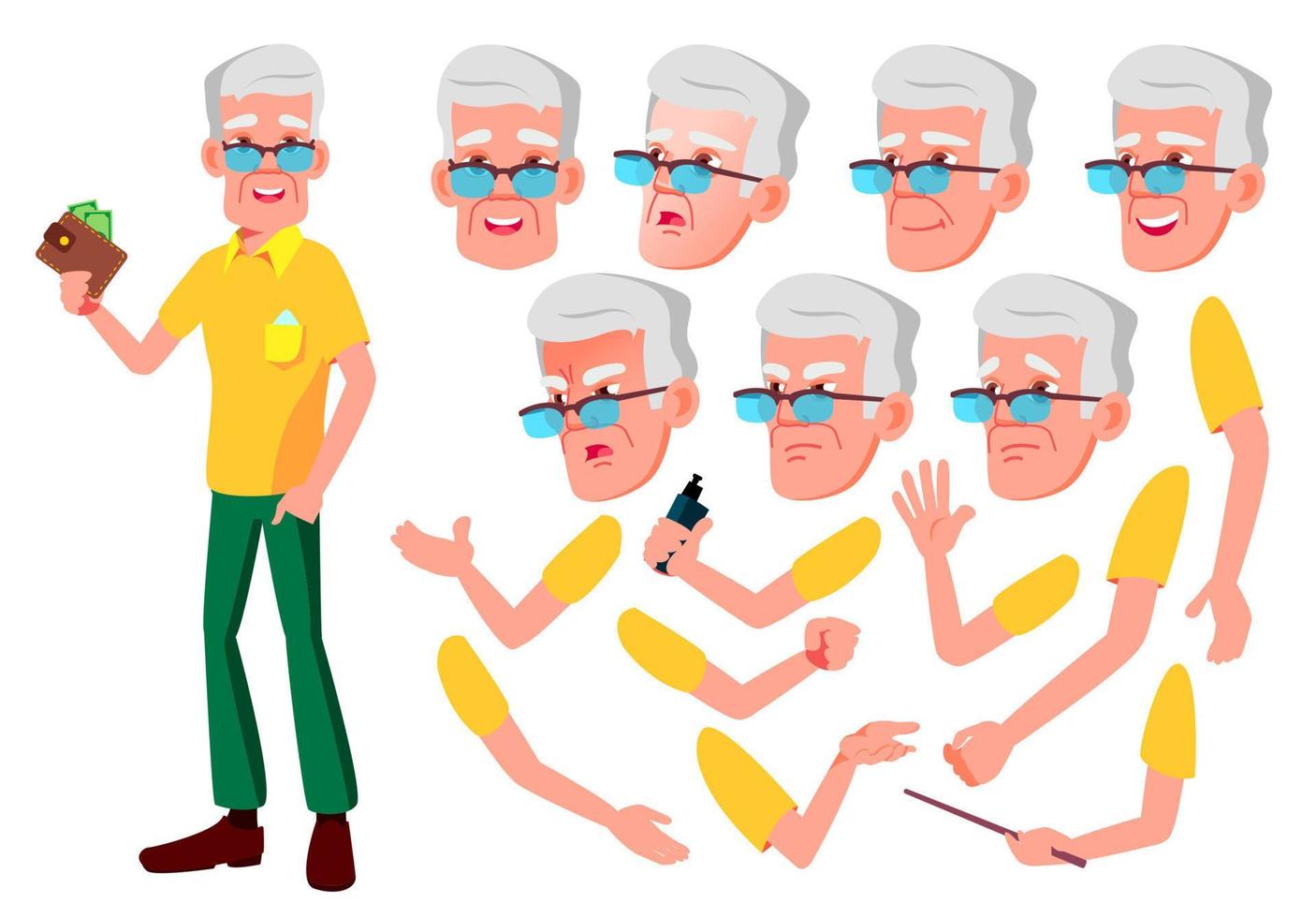Old Man Vector. Senior Person. Aged, Elderly People. Face Emotions, Various Gestures. Animation Creation Set. Isolated Flat Cartoon Character Illustration vector