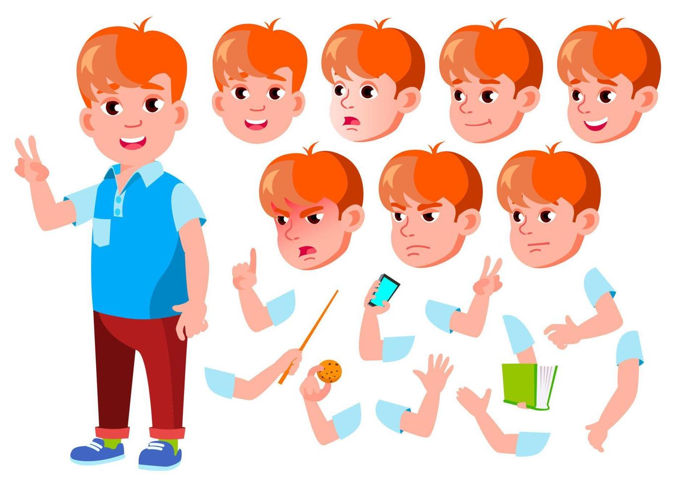 Boy, Child, Kid, Teen Vector. Casual Clothes. Positive. Face Emotions, Various Gestures. Animation Creation Set. Isolated Flat Cartoon Character Illustration vector