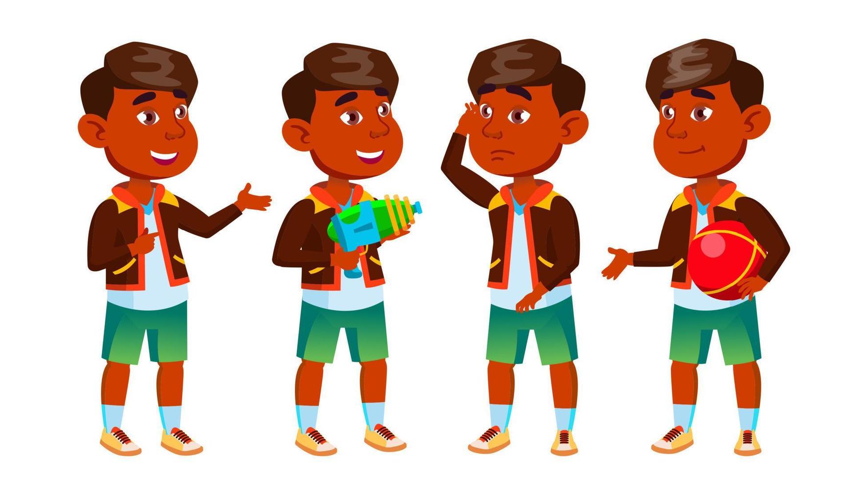 Indian Boy Kindergarten Kid Poses Set Vector. Preschooler Playing. Friendship. For Web, Poster, Booklet Design. Isolated Cartoon Illustration vector