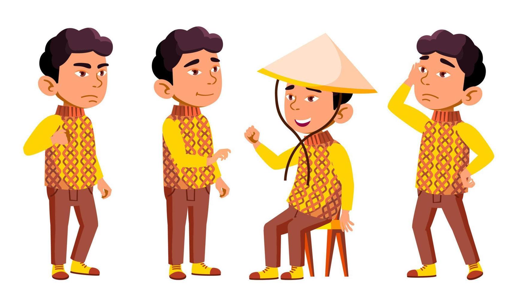 Asian Boy Kindergarten Kid Poses Set Vector. Festival, Dragon. Character Playing. Childish. Casual Clothe. For Presentation, Print, Invitation Design. Isolated Cartoon Illustration vector