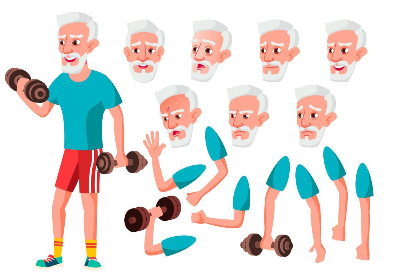 Old Man Vector. Senior Person. Aged, Elderly People. Cute, Comic. Joy. Face Emotions, Various Gestures. Animation Creation Set. Isolated Flat Cartoon Character Illustration vector
