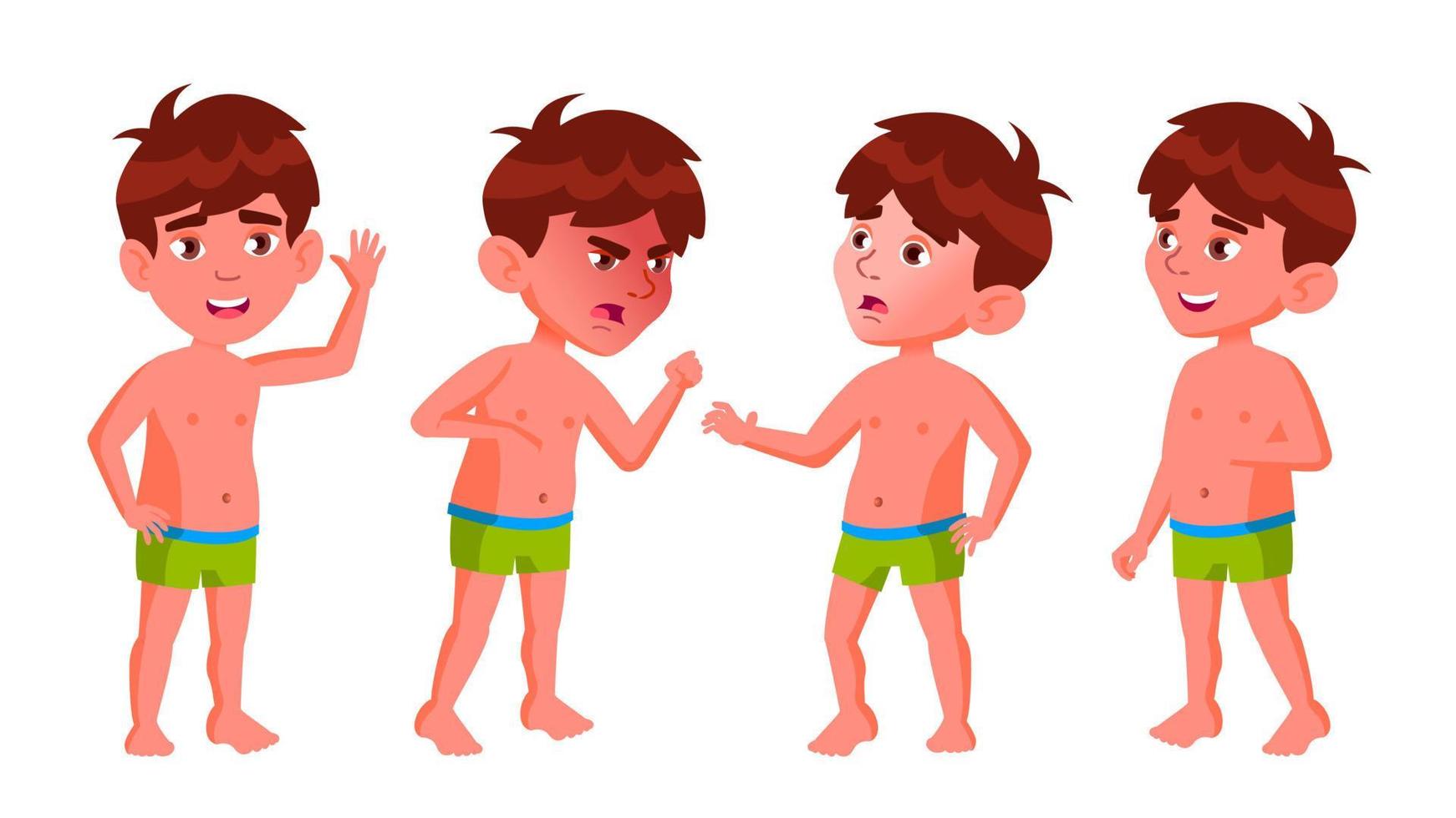 niño jardín de infantes poses set vector. bebé bastante positivo. sin curtir. vacaciones de verano. piscina, playa. para postal, anuncio, diseño de portada. ilustración de dibujos animados aislada vector