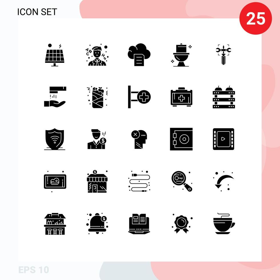 Pack of 25 creative Solid Glyphs of screw gear data setting toilet Editable Vector Design Elements