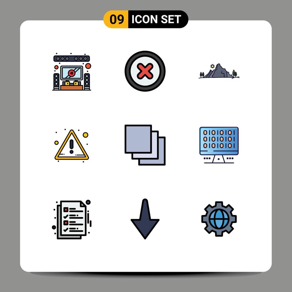 Group of 9 Filledline Flat Colors Signs and Symbols for layers cascade landscape warning alert Editable Vector Design Elements
