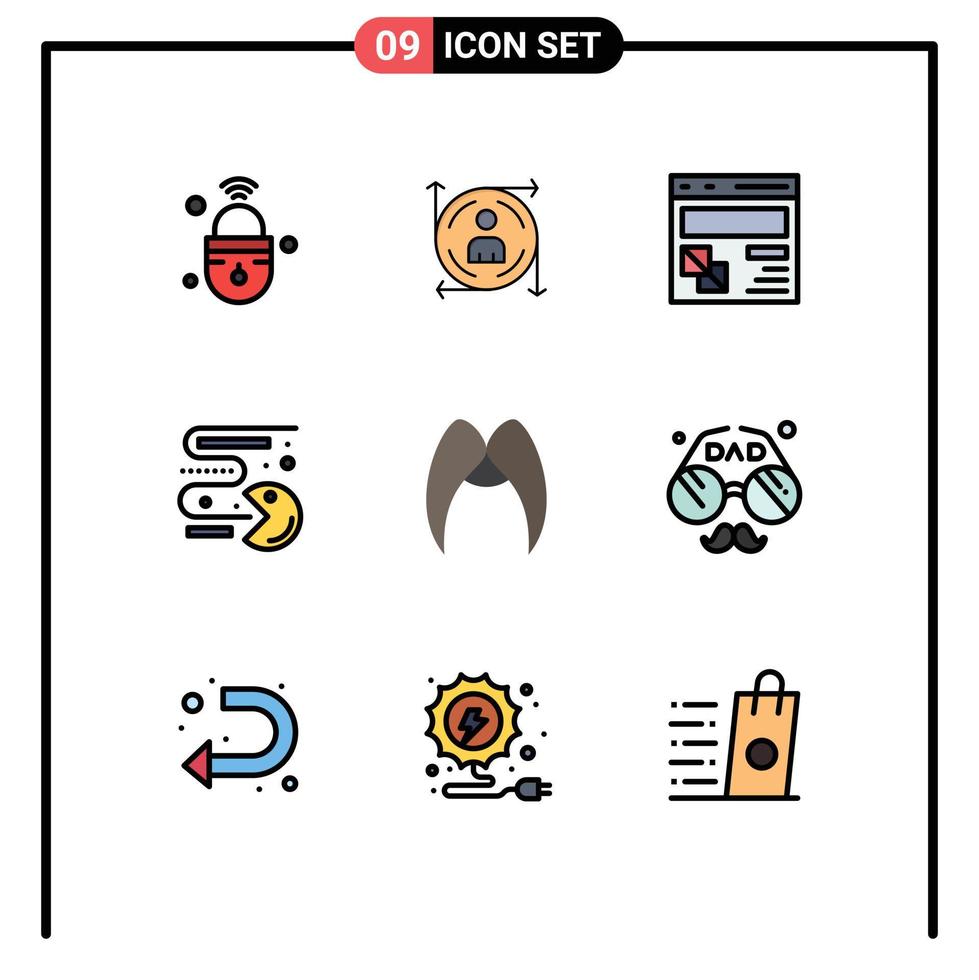 9 Universal Filledline Flat Color Signs Symbols of play games path competition page Editable Vector Design Elements