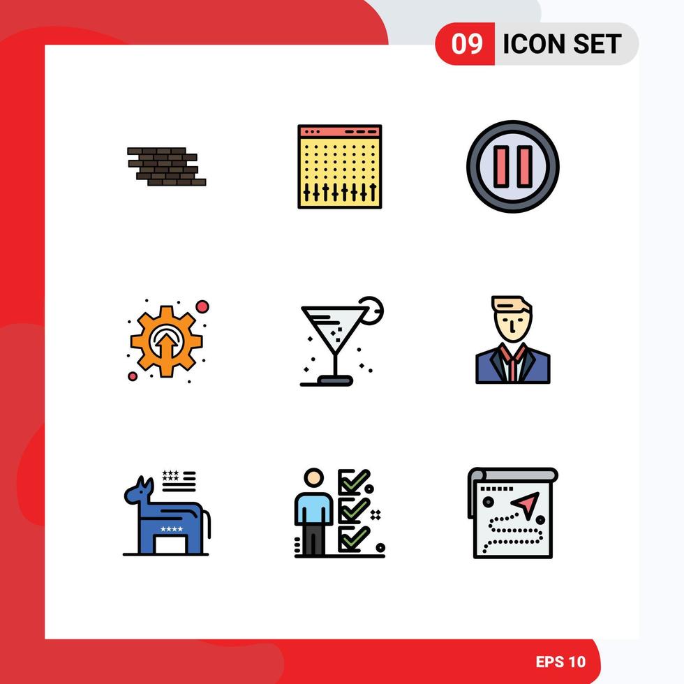 Editable Vector Line Pack of 9 Simple Filledline Flat Colors of beverage gear hardware development pause Editable Vector Design Elements