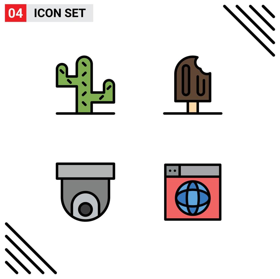 Universal Icon Symbols Group of 4 Modern Filledline Flat Colors of cactus security camera cold ice cream web Editable Vector Design Elements