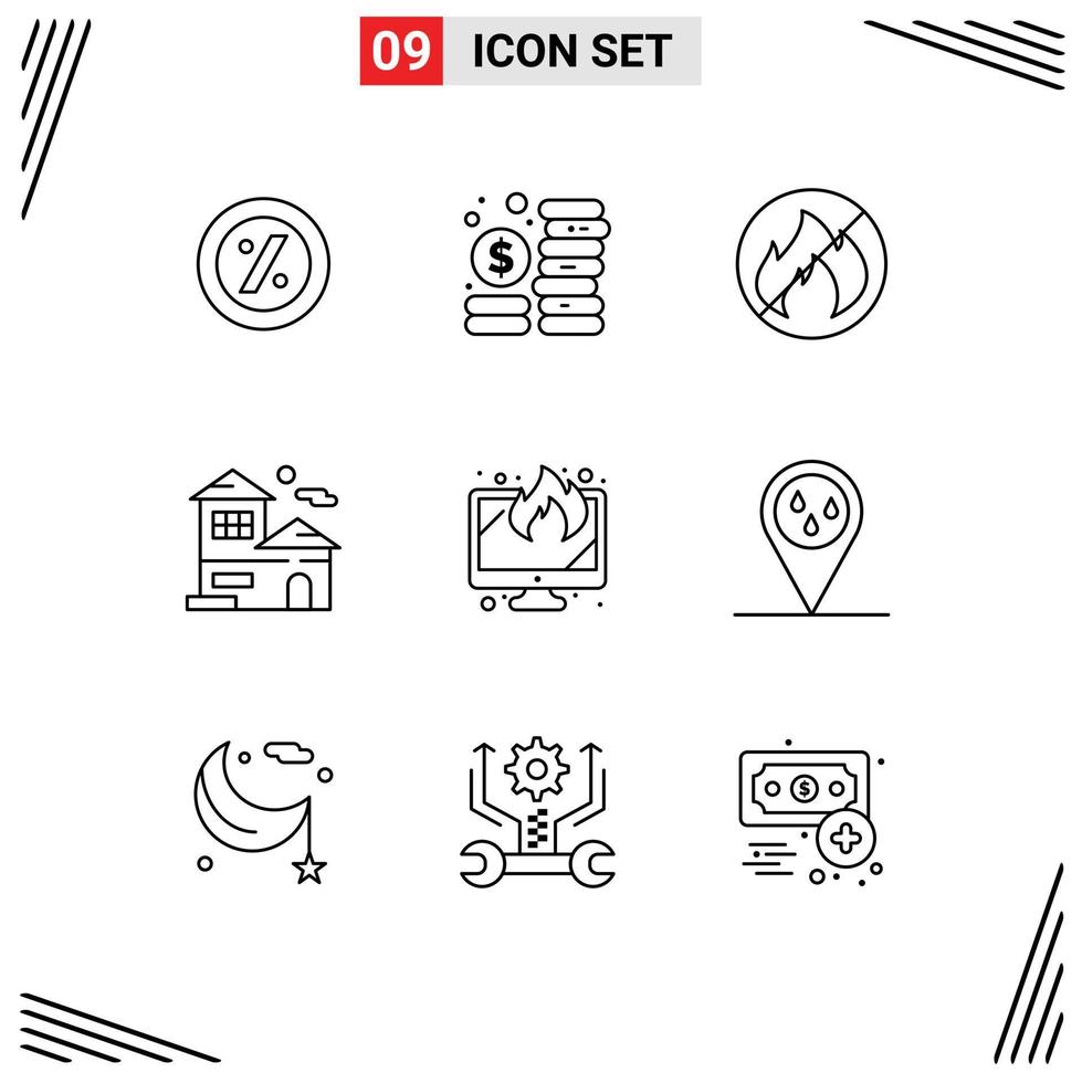 9 Thematic Vector Outlines and Editable Symbols of data screen fire display building Editable Vector Design Elements