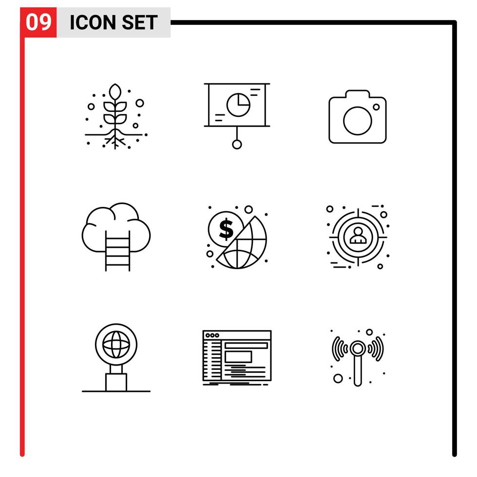 Mobile Interface Outline Set of 9 Pictograms of money global image business career Editable Vector Design Elements