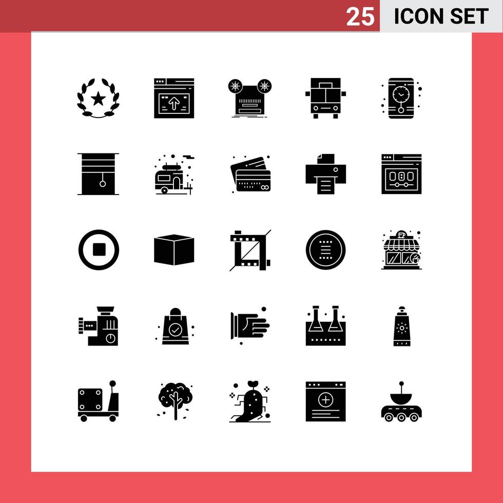 Set of 25 Commercial Solid Glyphs pack for clock vehicles arrow bus tape Editable Vector Design Elements