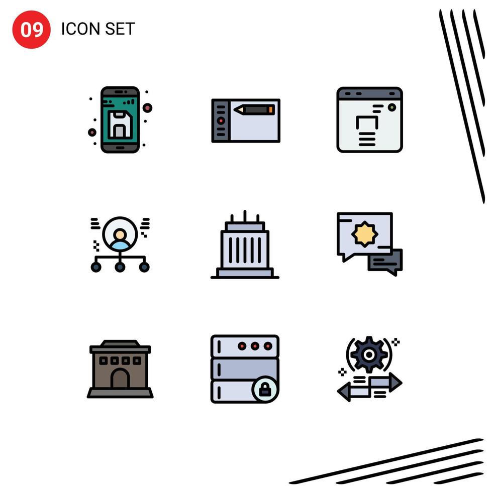 9 Universal Filledline Flat Colors Set for Web and Mobile Applications buildings man tablet human abilities Editable Vector Design Elements