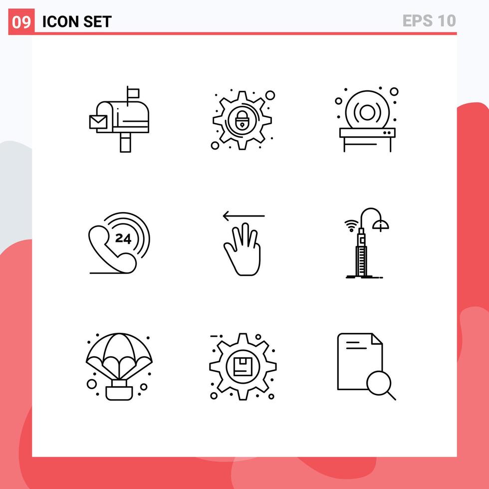 Pictogram Set of 9 Simple Outlines of left hand cursor disk hand phone Editable Vector Design Elements