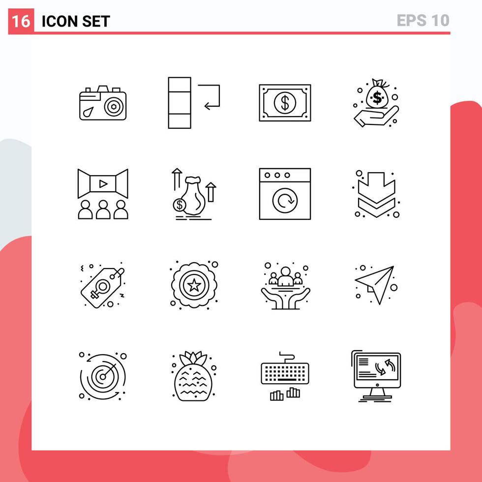 Universal Icon Symbols Group of 16 Modern Outlines of film management money hand business Editable Vector Design Elements