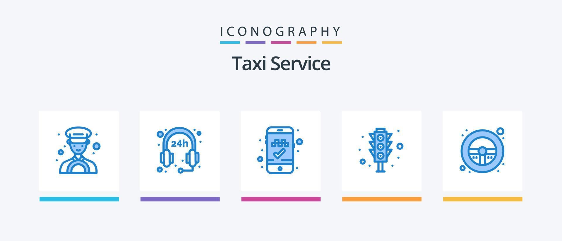 servicio de taxi azul 5 paquete de iconos que incluye. volante. aplicación movil. direccion. señal de tráfico. diseño de iconos creativos vector