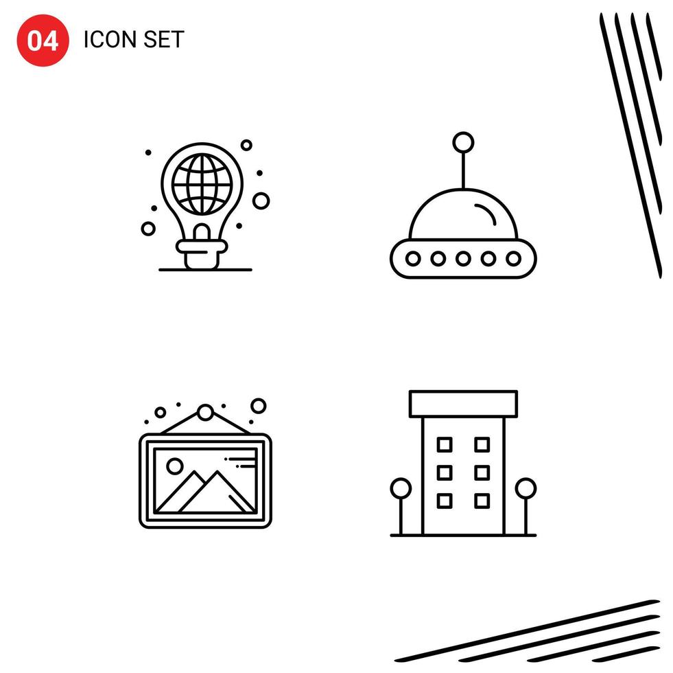 4 Universal Line Signs Symbols of protection photo light bulb ufo buildings Editable Vector Design Elements