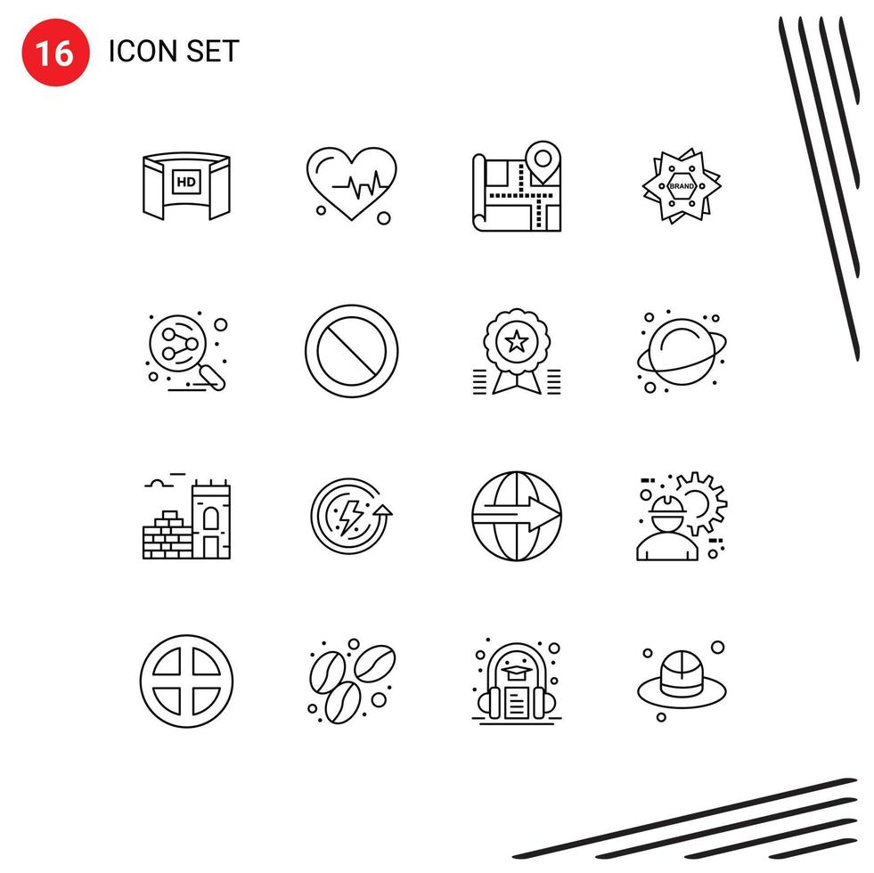 paquete de 16 signos y símbolos de contornos modernos para medios de impresión web, como elementos de diseño de vectores editables de marcas de logotipos de mapas de formas compartidas