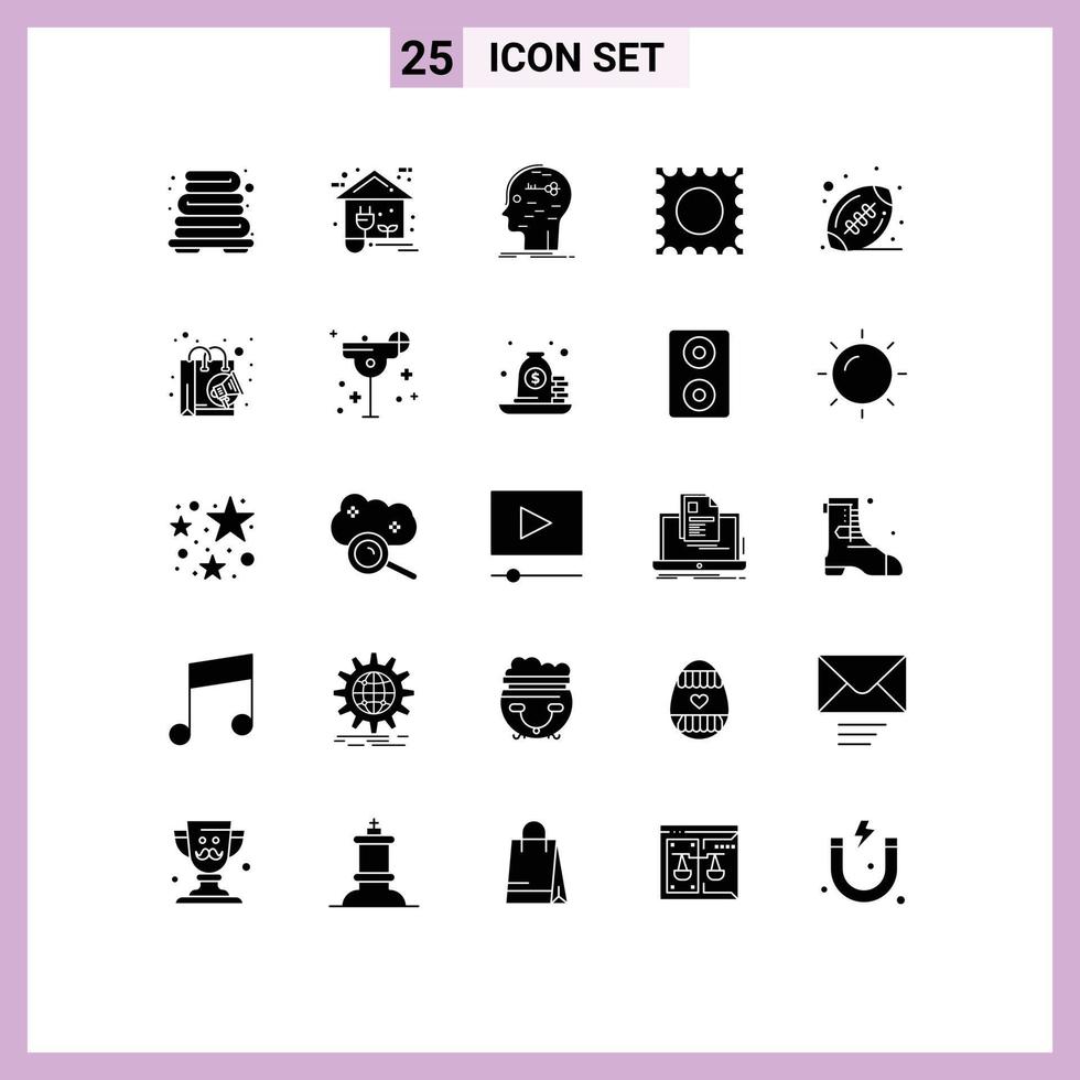 Group of 25 Solid Glyphs Signs and Symbols for sport american brain lsd mind Editable Vector Design Elements