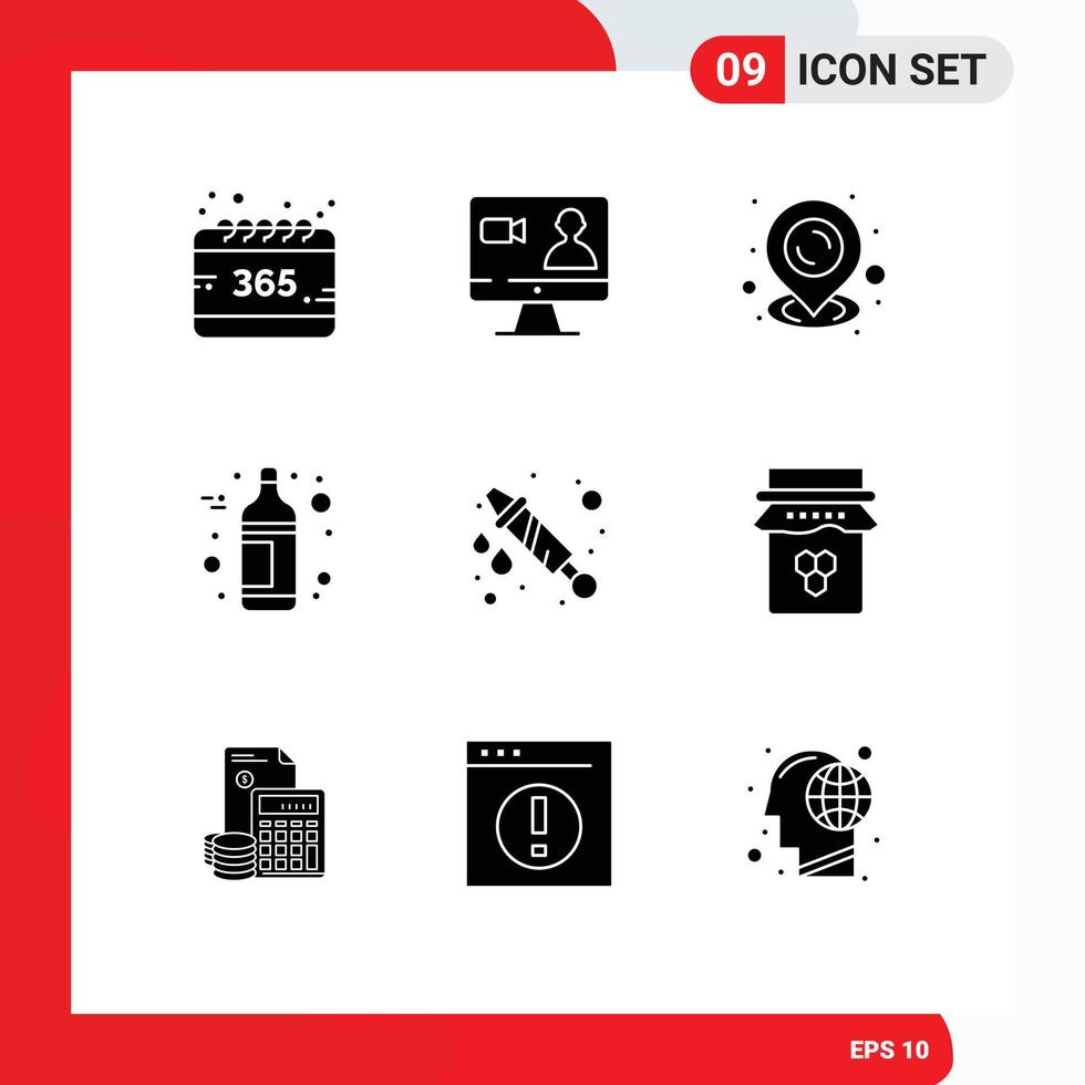 Modern Set of 9 Solid Glyphs Pictograph of breakfast water gun map water bottle Editable Vector Design Elements