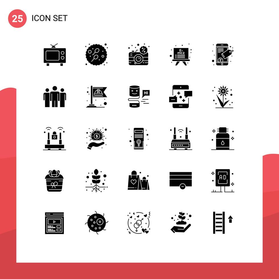 Modern Set of 25 Solid Glyphs and symbols such as seo tag connect digital formula board Editable Vector Design Elements