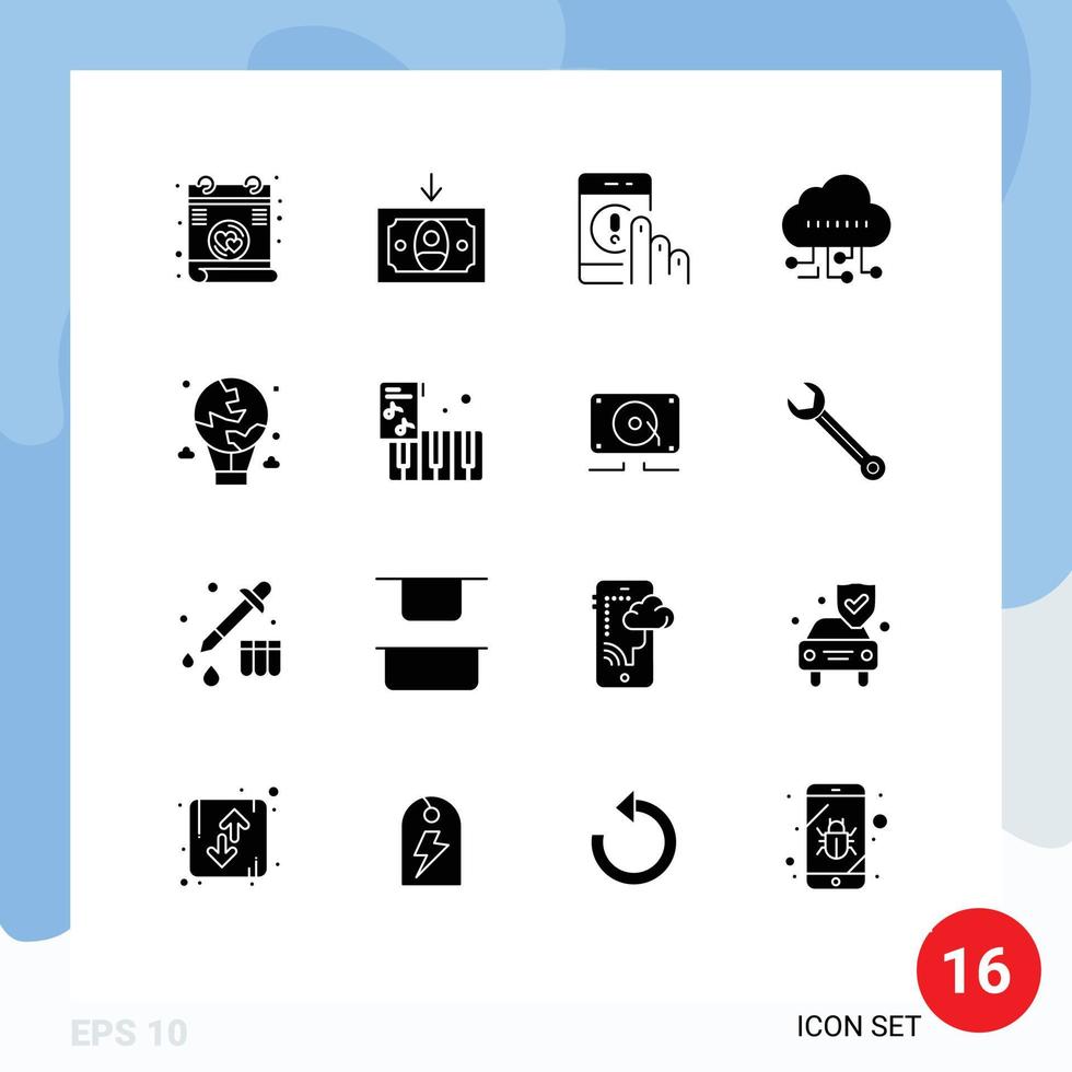 Set of 16 Commercial Solid Glyphs pack for global balloon contact air manage Editable Vector Design Elements