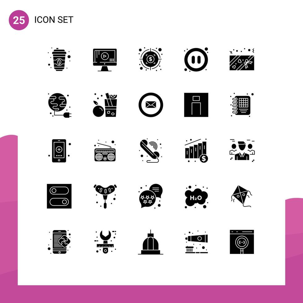 25 Thematic Vector Solid Glyphs and Editable Symbols of energy love profit box pause Editable Vector Design Elements