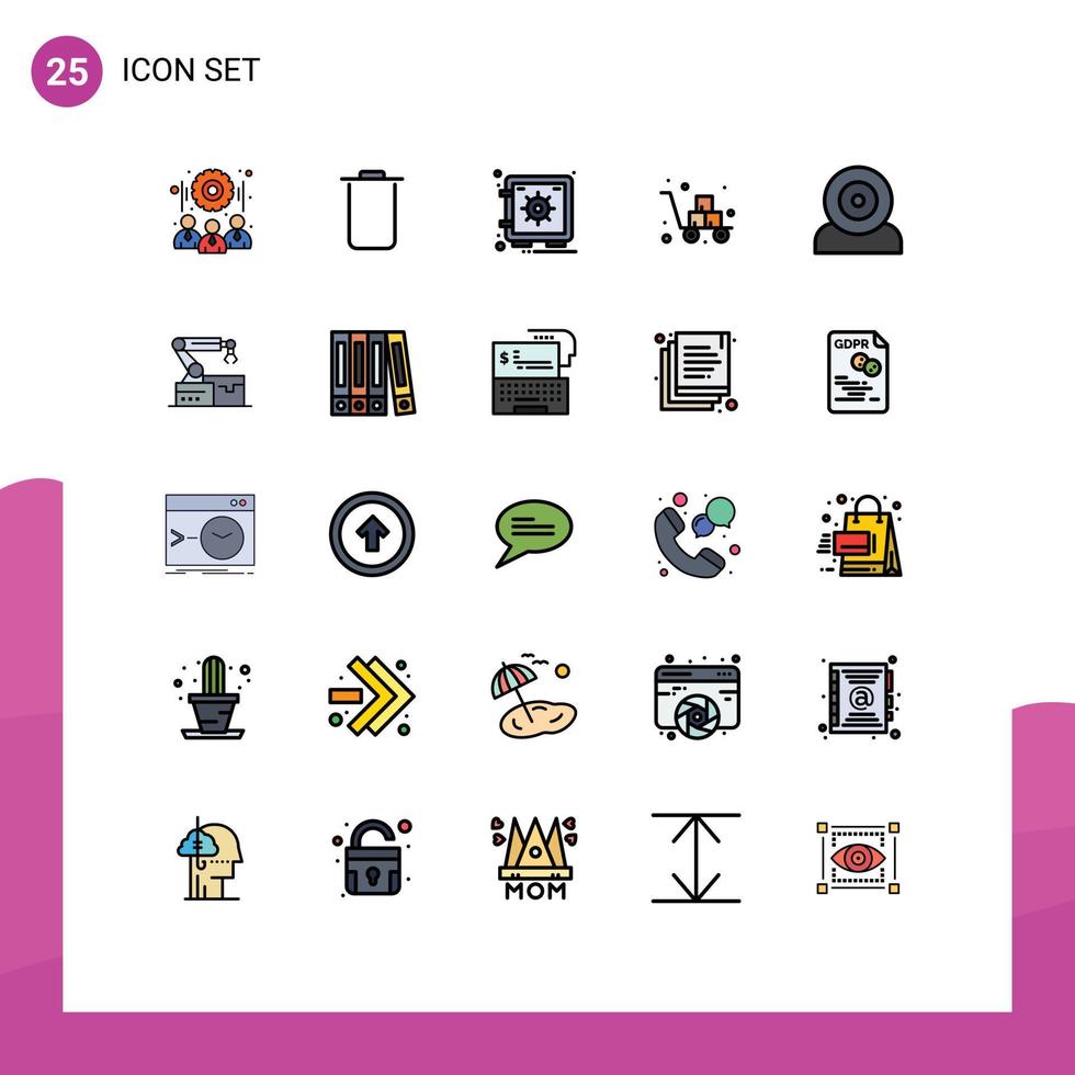 Set of 25 Commercial Filled line Flat Colors pack for devices shipping safe fragile cart Editable Vector Design Elements
