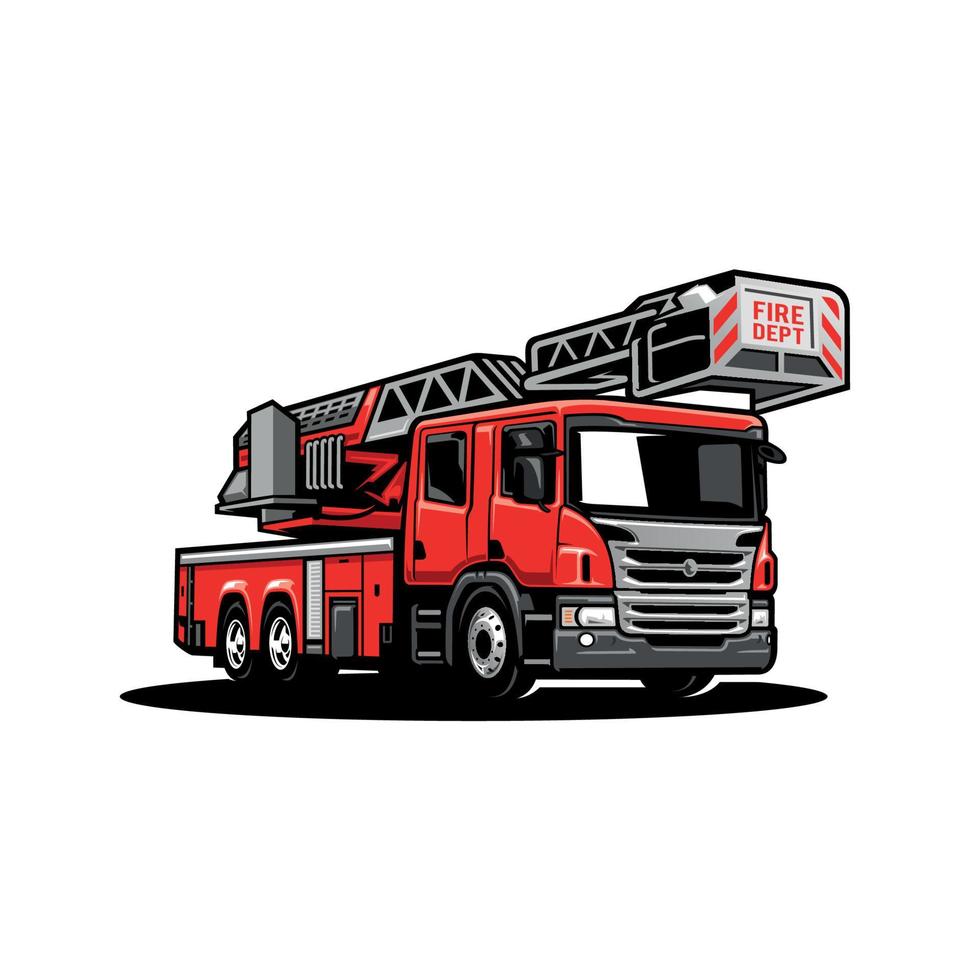 red fire truck, ladder truck illustration logo vector