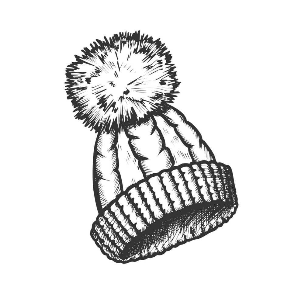 Winter Hat With Woolen Pompon Monochrome Vector