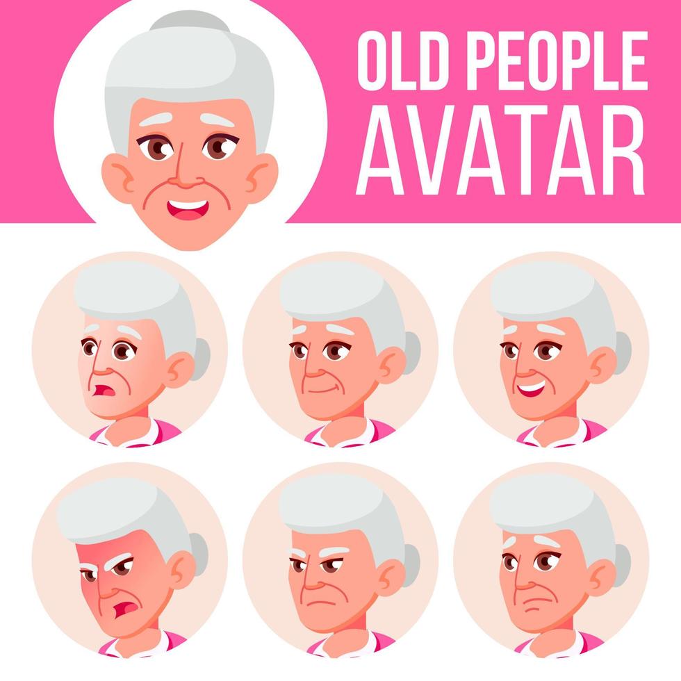 Old Woman Avatar Set Vector. Face Emotions. Senior Person Portrait. Elderly People. Aged. Head, Icon. Happiness Enjoyment. Cartoon Head Illustration vector