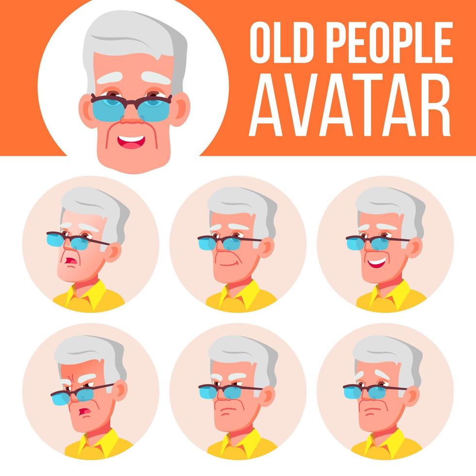 vector de conjunto de avatar de anciano. enfrentar las emociones. retrato de persona mayor. personas de edad avanzada. Envejecido. plano, retrato. caucásico. ilustración de cabeza de dibujos animados