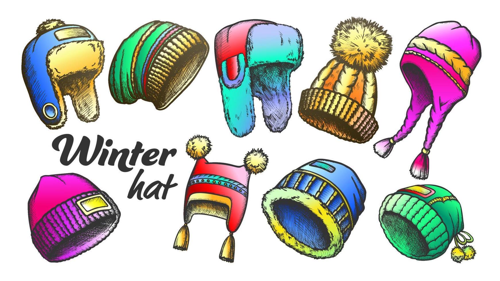 Winter Hat Clothing Accessory Retro Set Vector