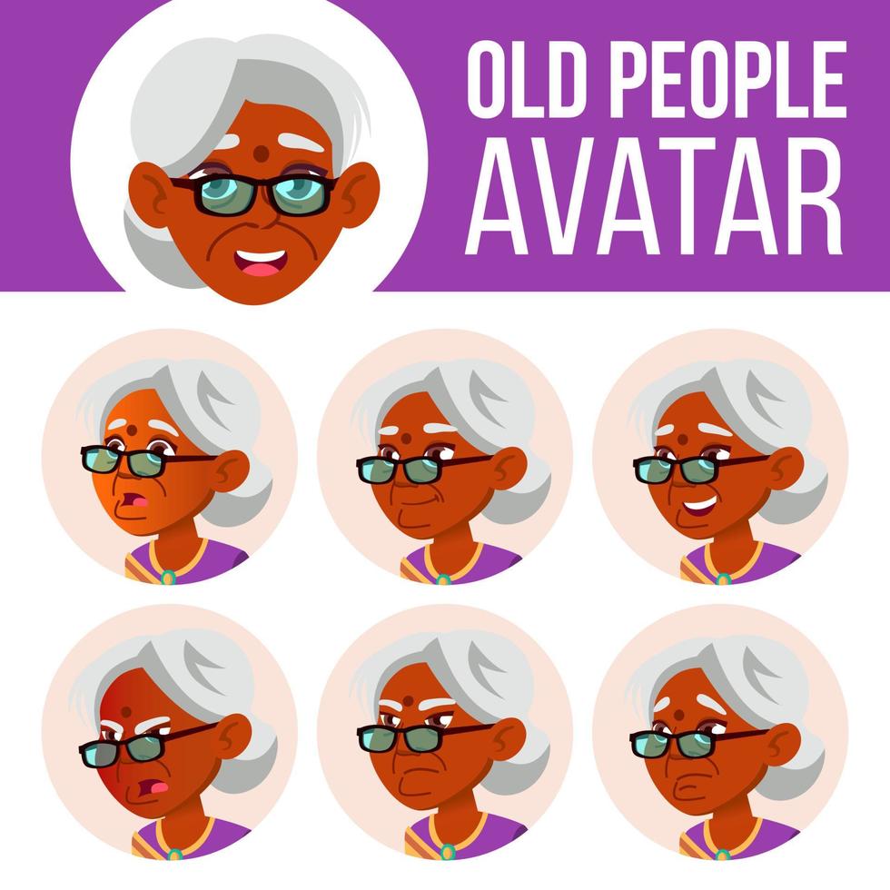 Indian Old Woman Avatar Set Vector. Hindu. Asian. Face Emotions. Senior Person Portrait. Elderly People. Aged. Emotions, Emotional. Leisure, Smile. Cartoon Head Illustration vector