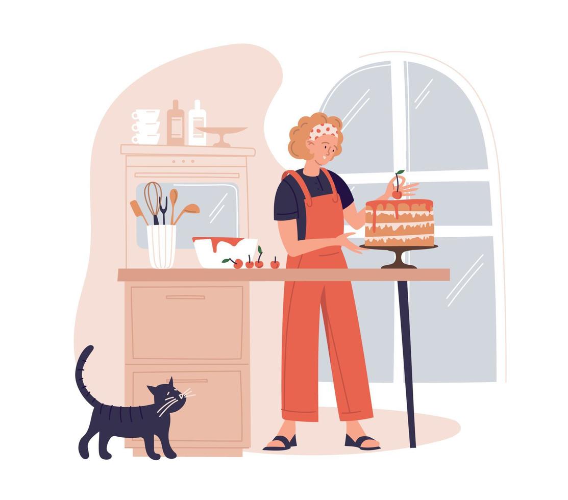 Confectioner, cook, cake, pastries. Girl confectioner prepares a cake. Concept. Vector image.