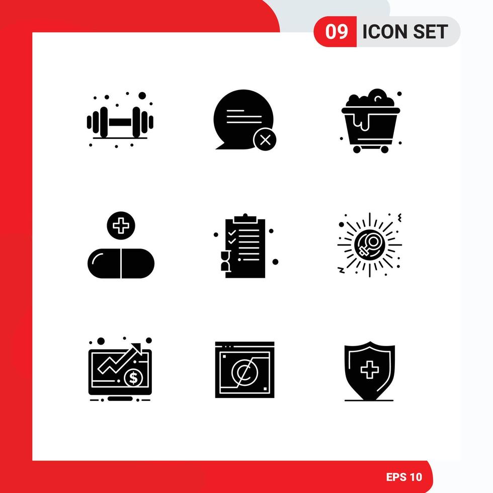 9 User Interface Solid Glyph Pack of modern Signs and Symbols of pages clipboard trash back to school pills Editable Vector Design Elements