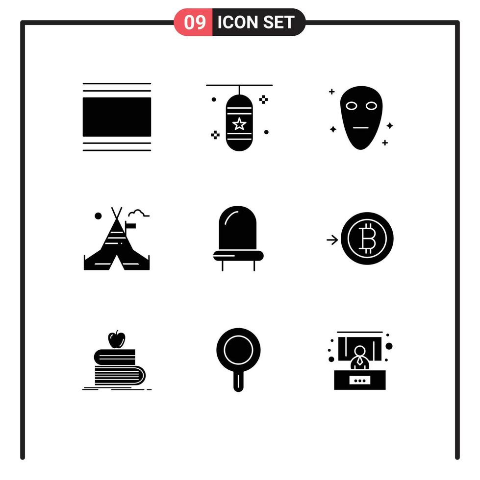 9 User Interface Solid Glyph Pack of modern Signs and Symbols of diode camp sports accessory tent space Editable Vector Design Elements