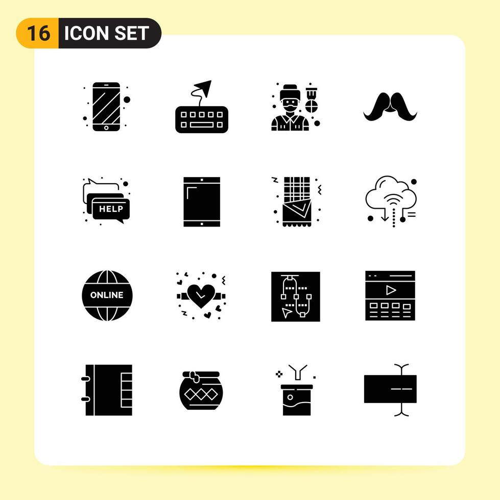 Universal Icon Symbols Group of 16 Modern Solid Glyphs of communication men pilot male hipster Editable Vector Design Elements
