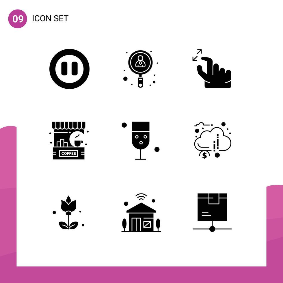 Mobile Interface Solid Glyph Set of 9 Pictograms of drink shop hand counter cafe Editable Vector Design Elements