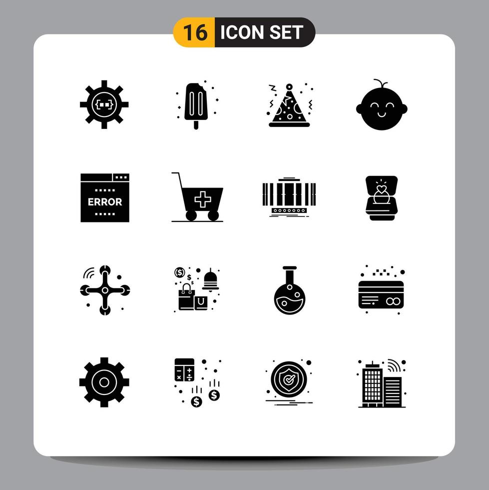conjunto de 16 glifos sólidos vectoriales en cuadrícula para error de optimización elementos de diseño vectorial editables para bebés recién nacidos dulces vector