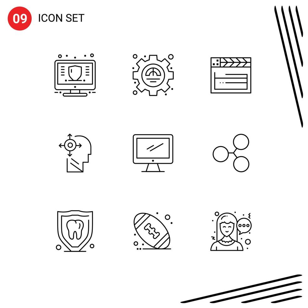 Outline Pack of 9 Universal Symbols of computer yourself productivity transform video Editable Vector Design Elements