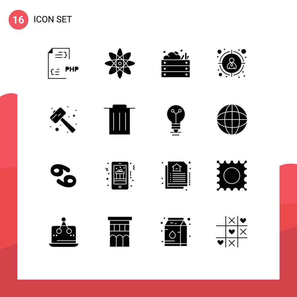 Mobile Interface Solid Glyph Set of 16 Pictograms of mallet target customer agriculture target vegetables Editable Vector Design Elements