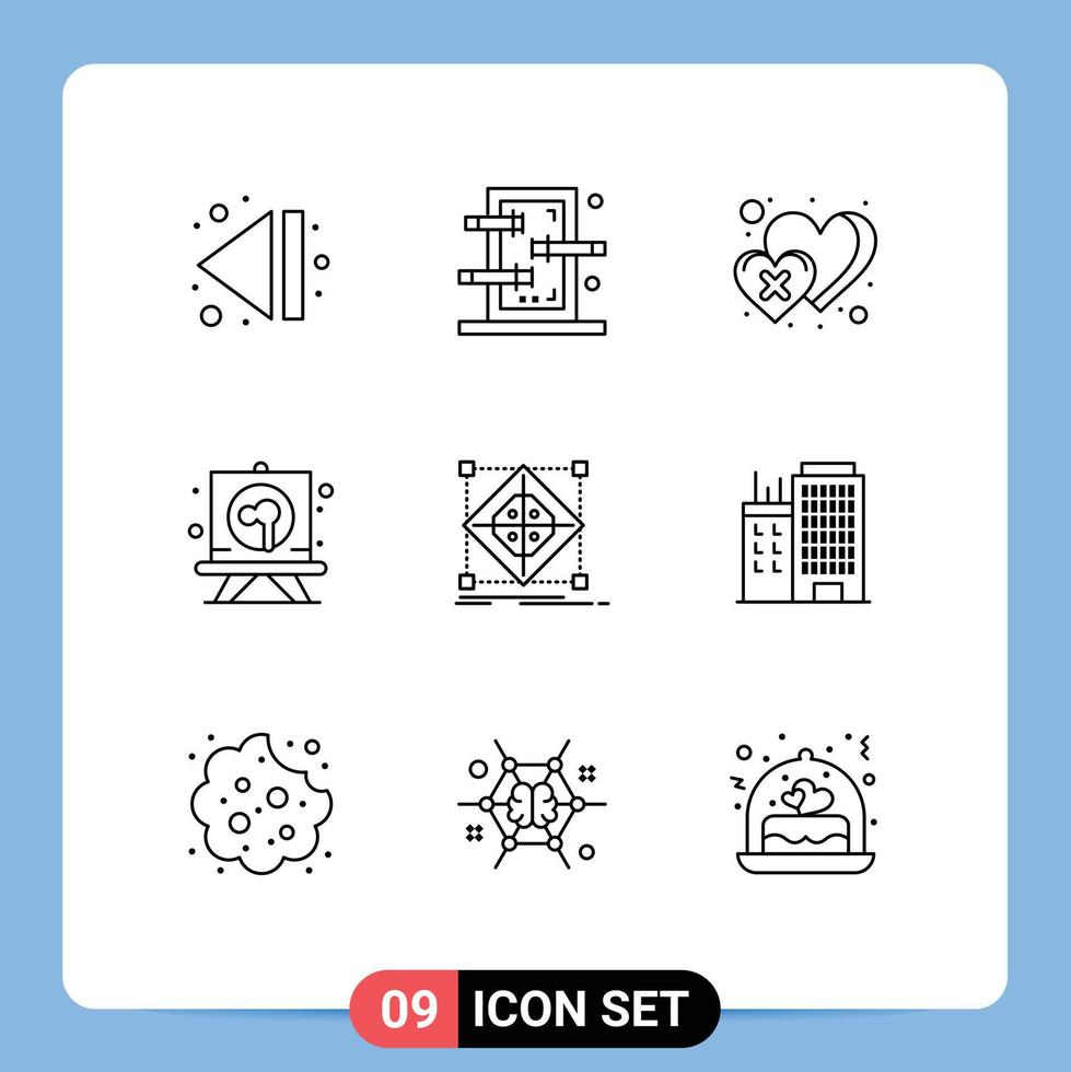 conjunto de 9 iconos modernos de la interfaz de usuario signos de símbolos para la arquitectura de cuadrícula tablero del corazón jadeando elementos de diseño vectorial editables vector