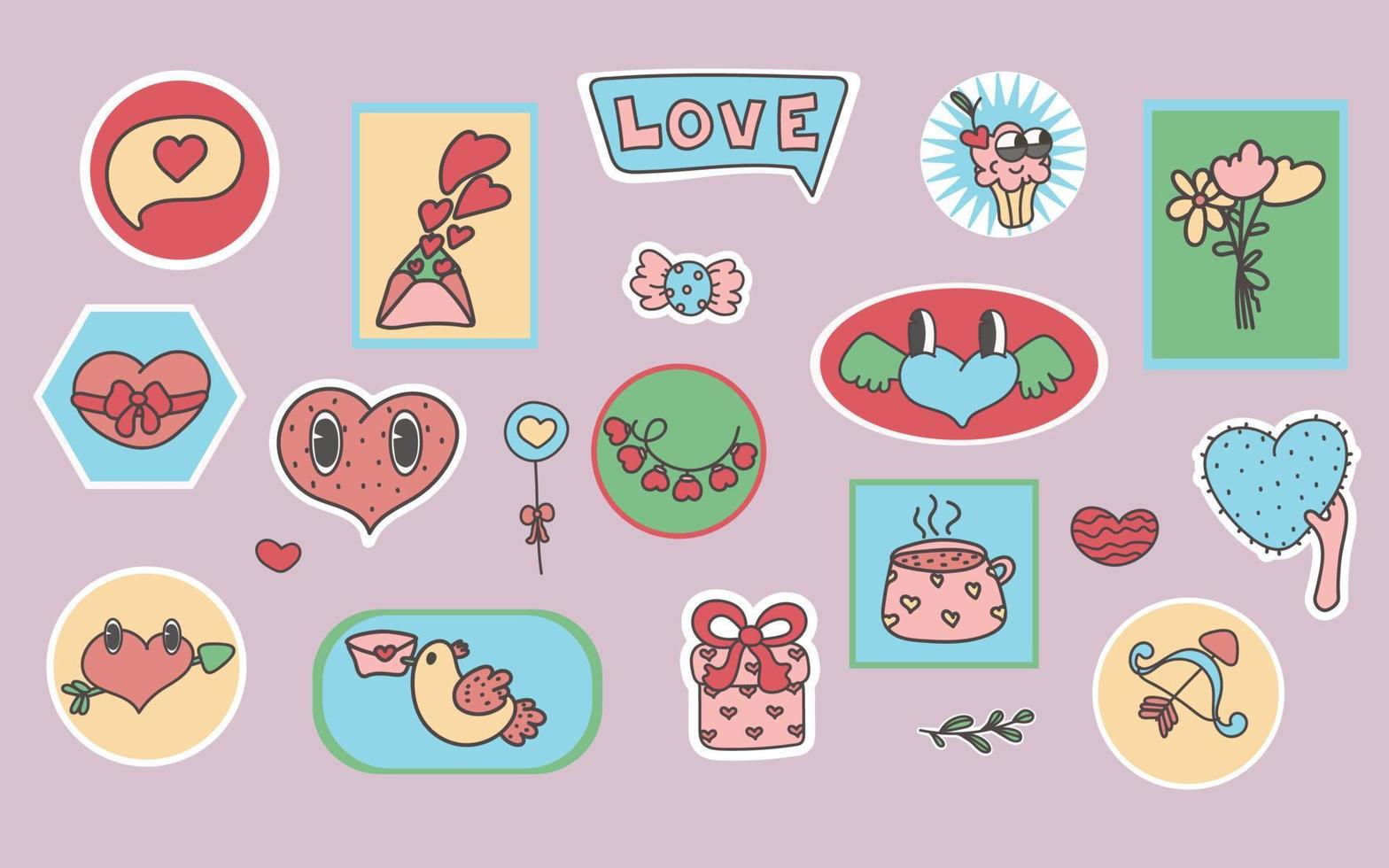 dibujos animados amor romántico elementos y pegatinas del día de san valentín. forma de corazón. objetos románticos del día de san valentín. colección de elementos maravillosos. retro vector