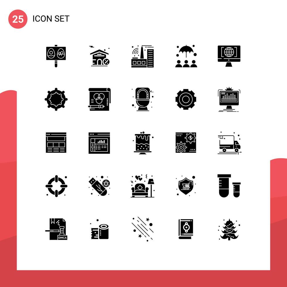 Set of 25 Vector Solid Glyphs on Grid for baby world factory internet umbrella Editable Vector Design Elements